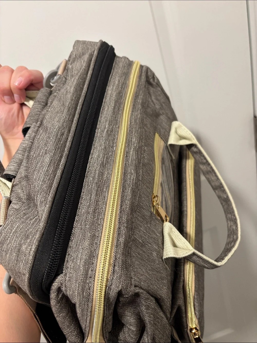 Versatile Women's Baby Bag Backpack in Gray with Cream Trim